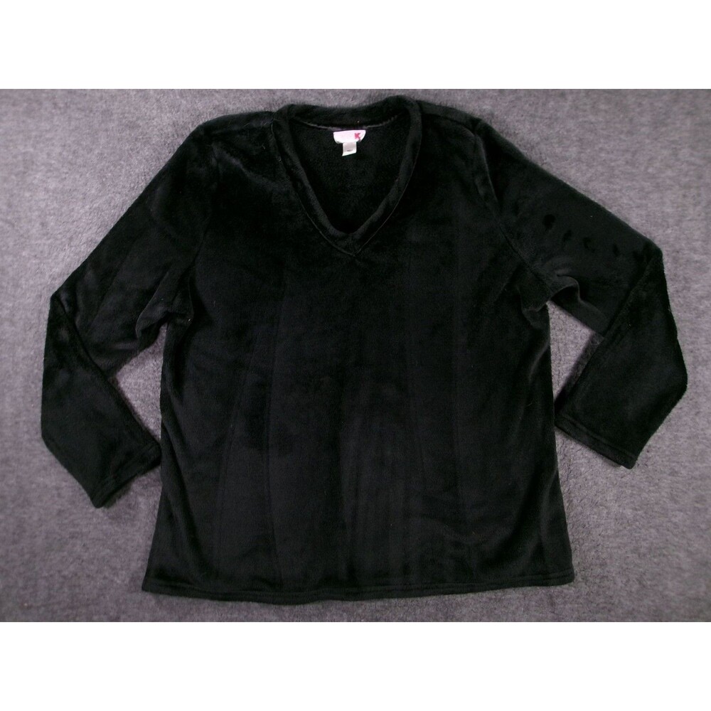 Pink K Top Womens XL Black Fleece V Neck Pullover Long Sleeve Cozy Soft Plush